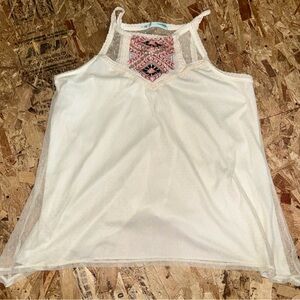 Maurices Cream Tank with Pink Embroidered Front Panel